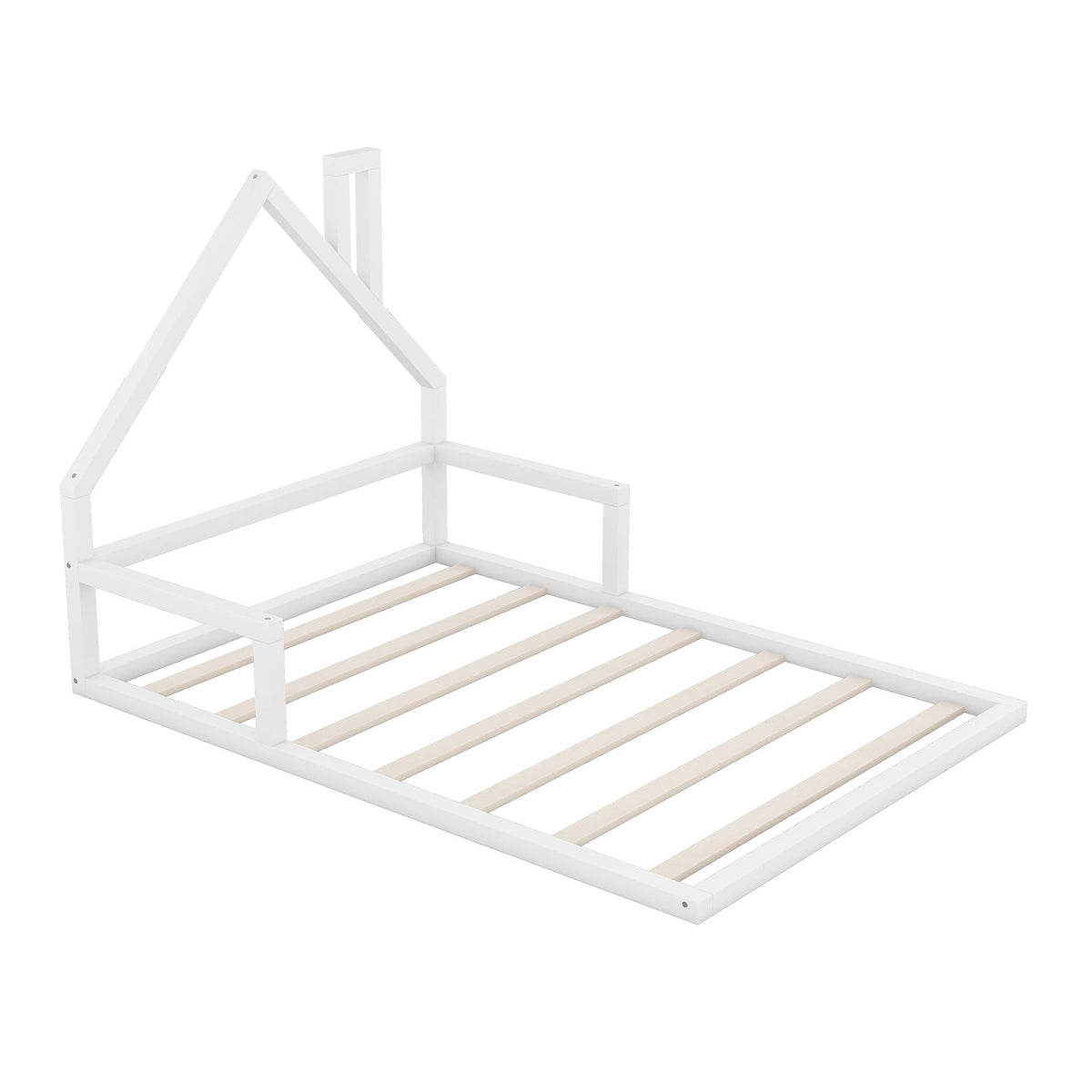 Elegant Floor Bed With House Shaped Headboard - Full Size Solid Wood