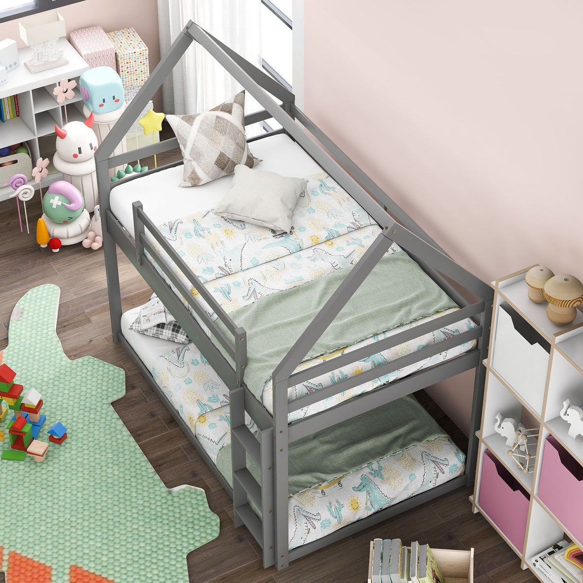 Low Bunk Bed With House Shaped Frame and Ladder - Twin Over Twin