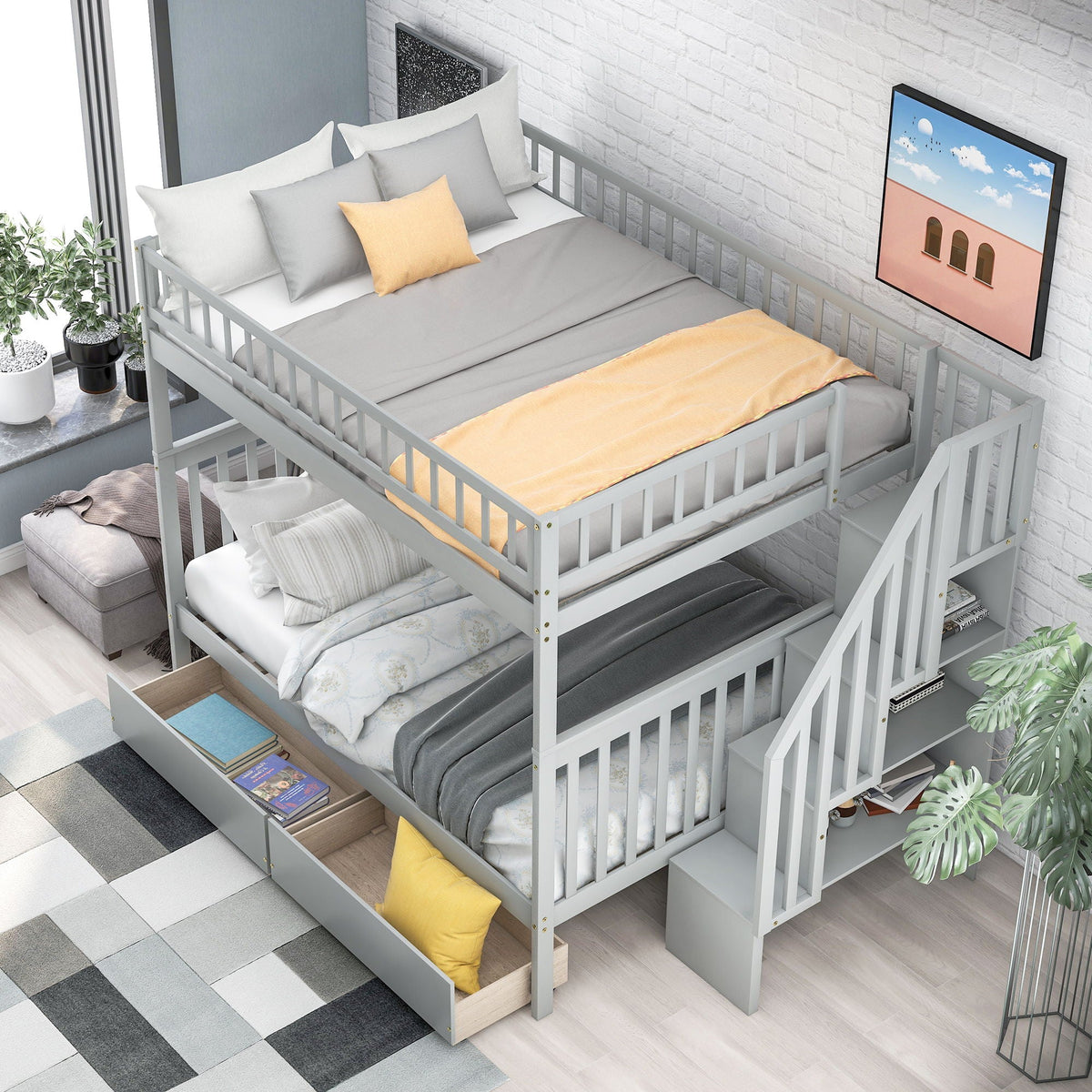 Bunk Bed with Staircase and Storage Options - Dark Gray or White