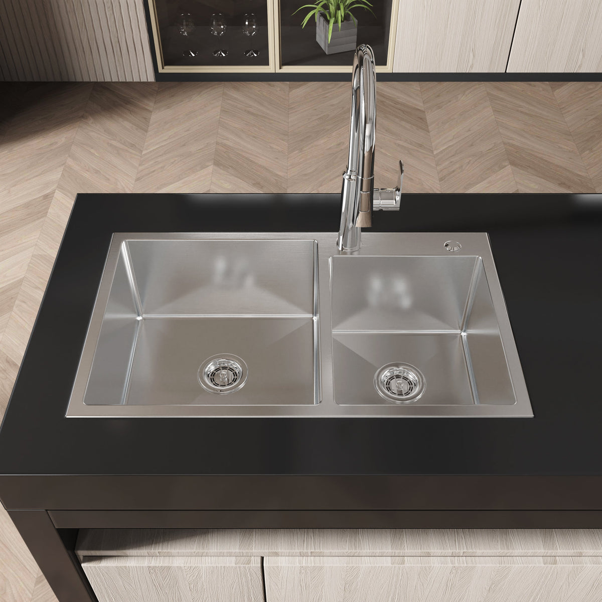 Stainless Steel Kitchen Sink with Double Bowl - Brushed Nickel