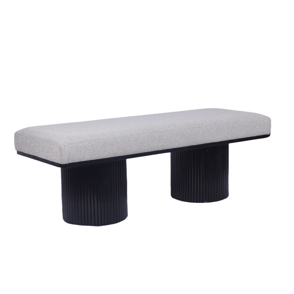 Boucle Upholstered Bench with Chunky Black Legs - Light Gray