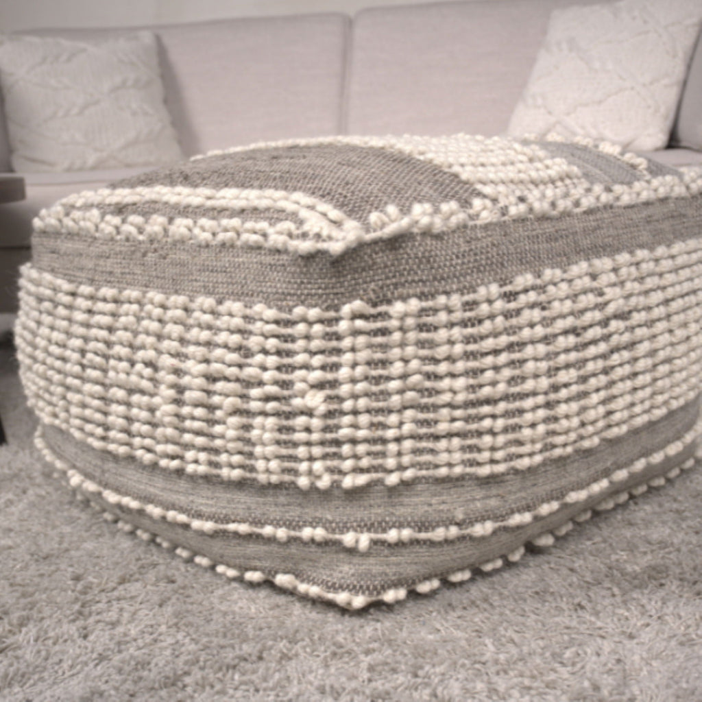 Rustic Wool and Cotton Large Pouf with Handcrafted Tufted Design - Brown / Beige