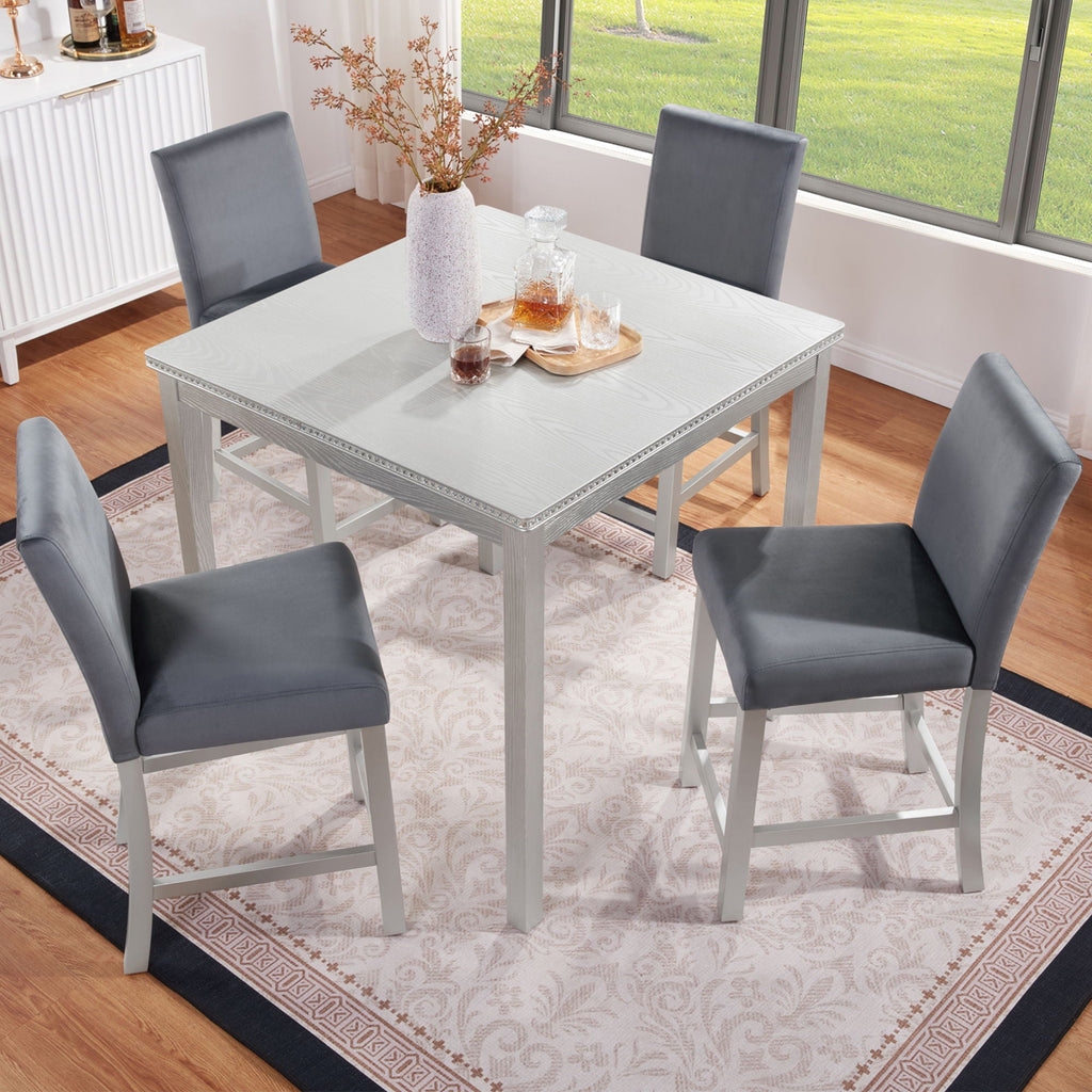 Counter Height 5 Piece Dining Set with Upholstered Chairs - Black or Pearl Silver