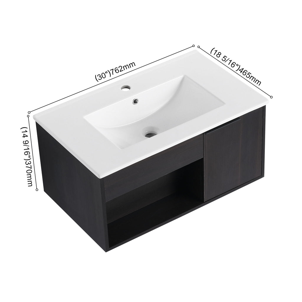 Wall Mounted Floating Bathroom Vanity with Open Shelf & Soft Close Door - Dark Brown