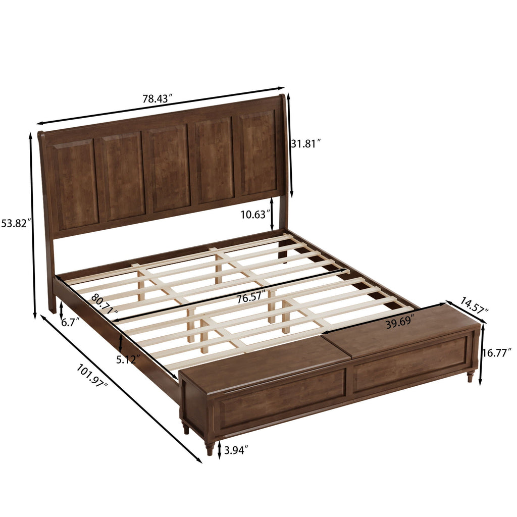 Sleigh Bed Frame with Tall Headboard and Storage Bench - Dark or Light Brown