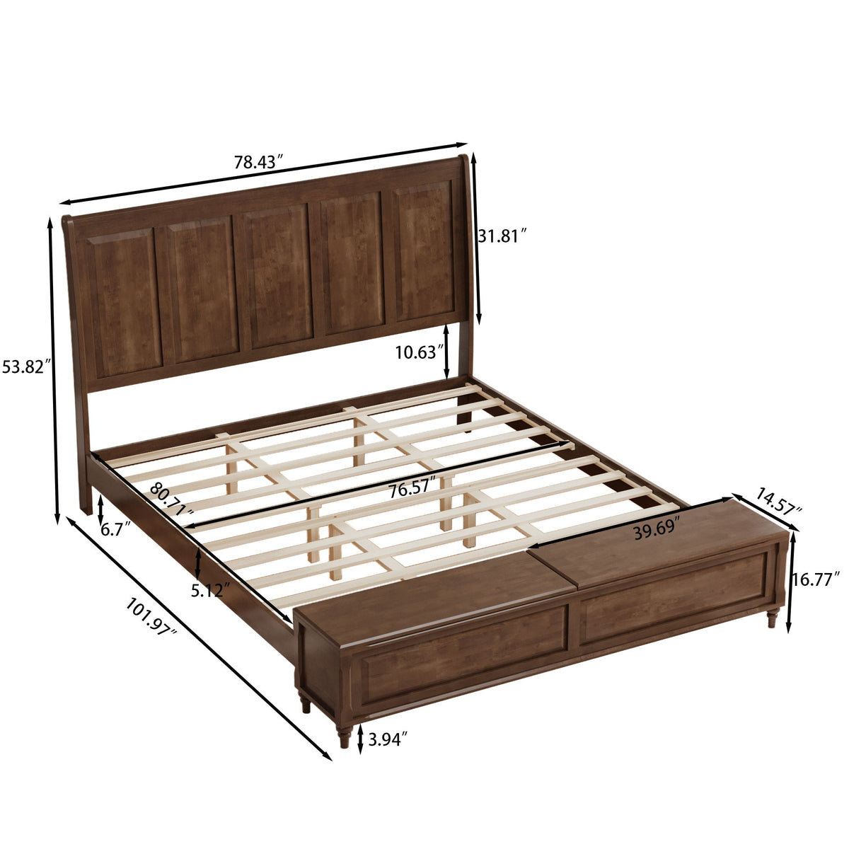 Sleigh Bed Frame with Tall Headboard and Storage Bench - Dark or Light Brown