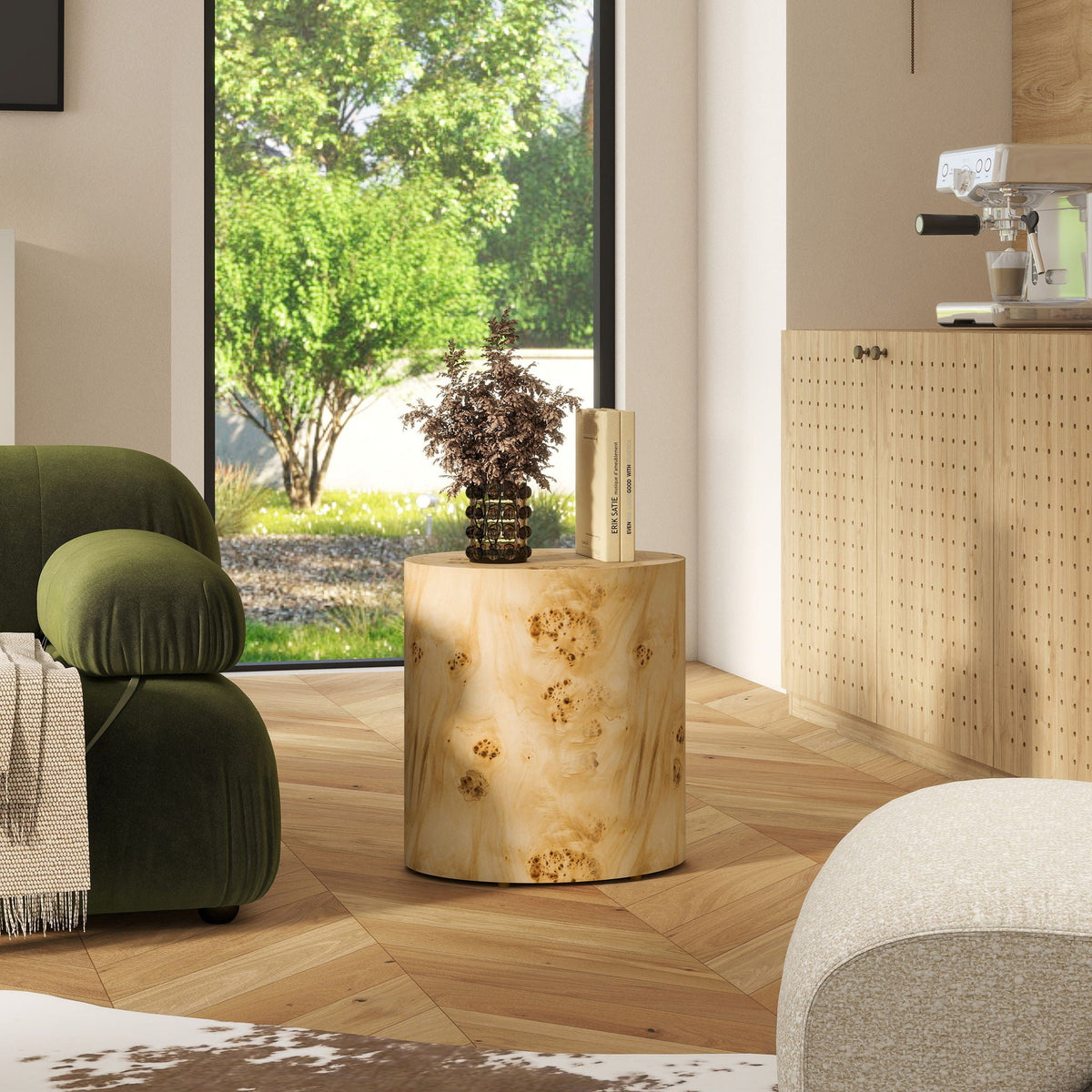 Accent Oval Pillar Side Table with Burl Wood Veneer - Light or Dark Brown