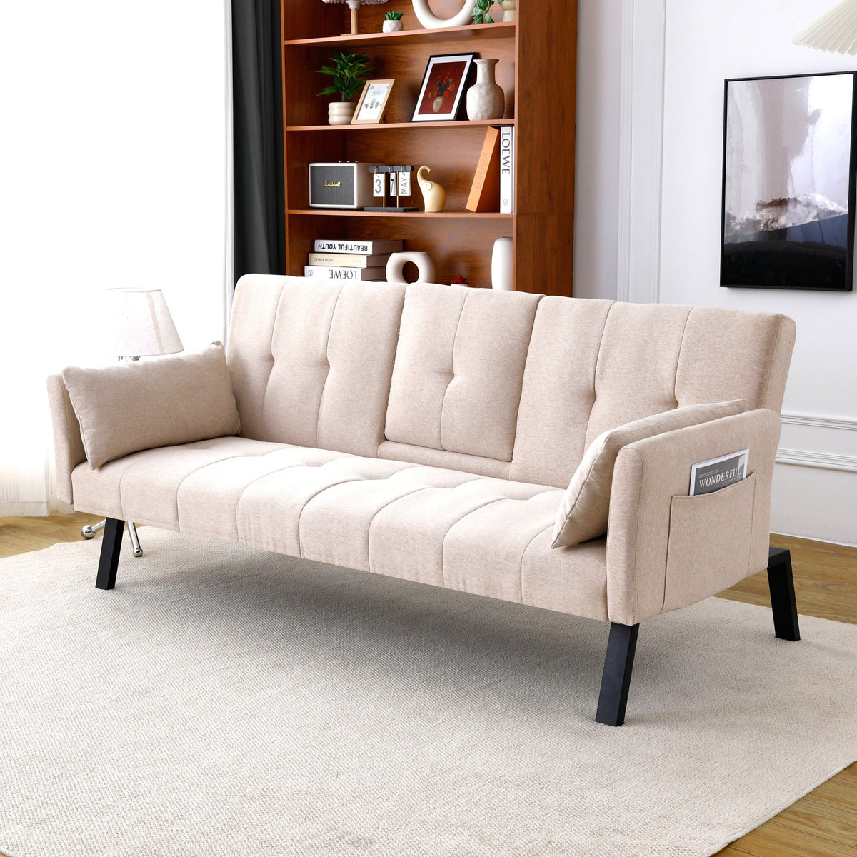 Foldable Sofa Bed with Cup Holder and Solid Wood Frame - Multiple Colors