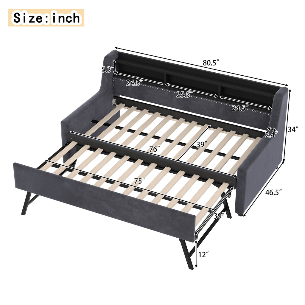 Twin Size Daybed With LED Light & Charging Station - Dark Gray