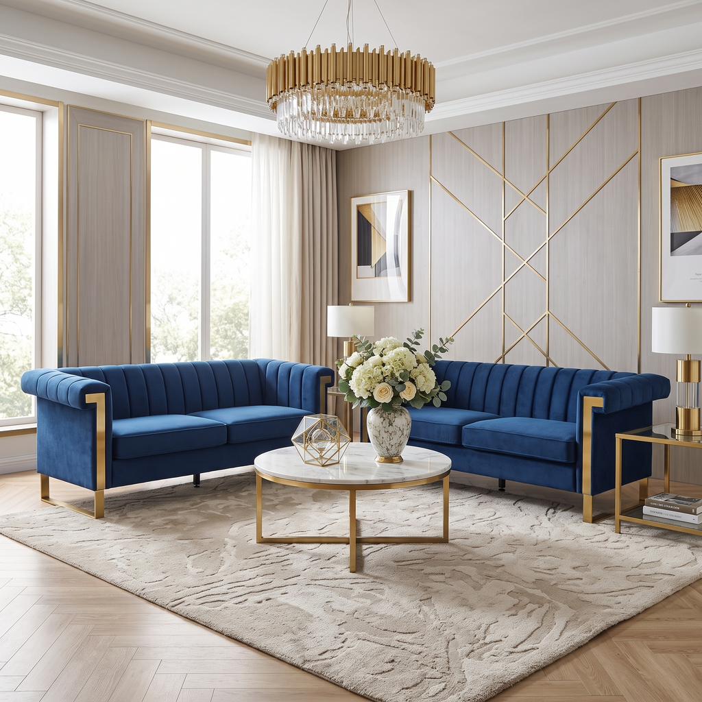 Vintage Blue Velvet 2 Piece Sofa Set with Channel Tufted Backrest - Blue