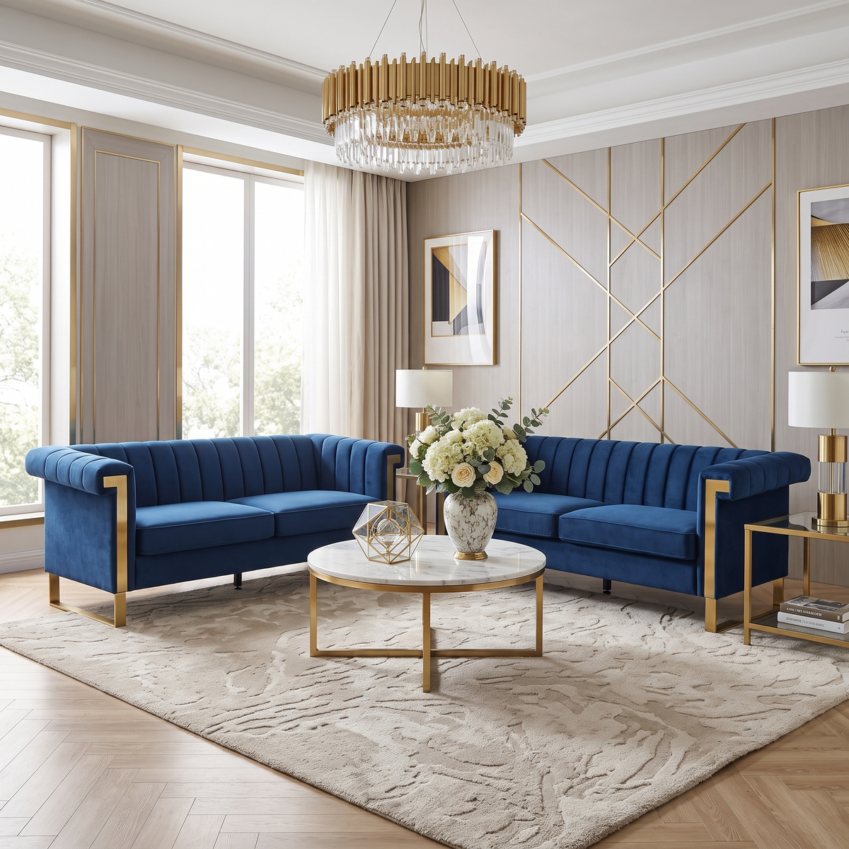 Vintage Blue Velvet 2 Piece Sofa Set with Channel Tufted Backrest - Blue