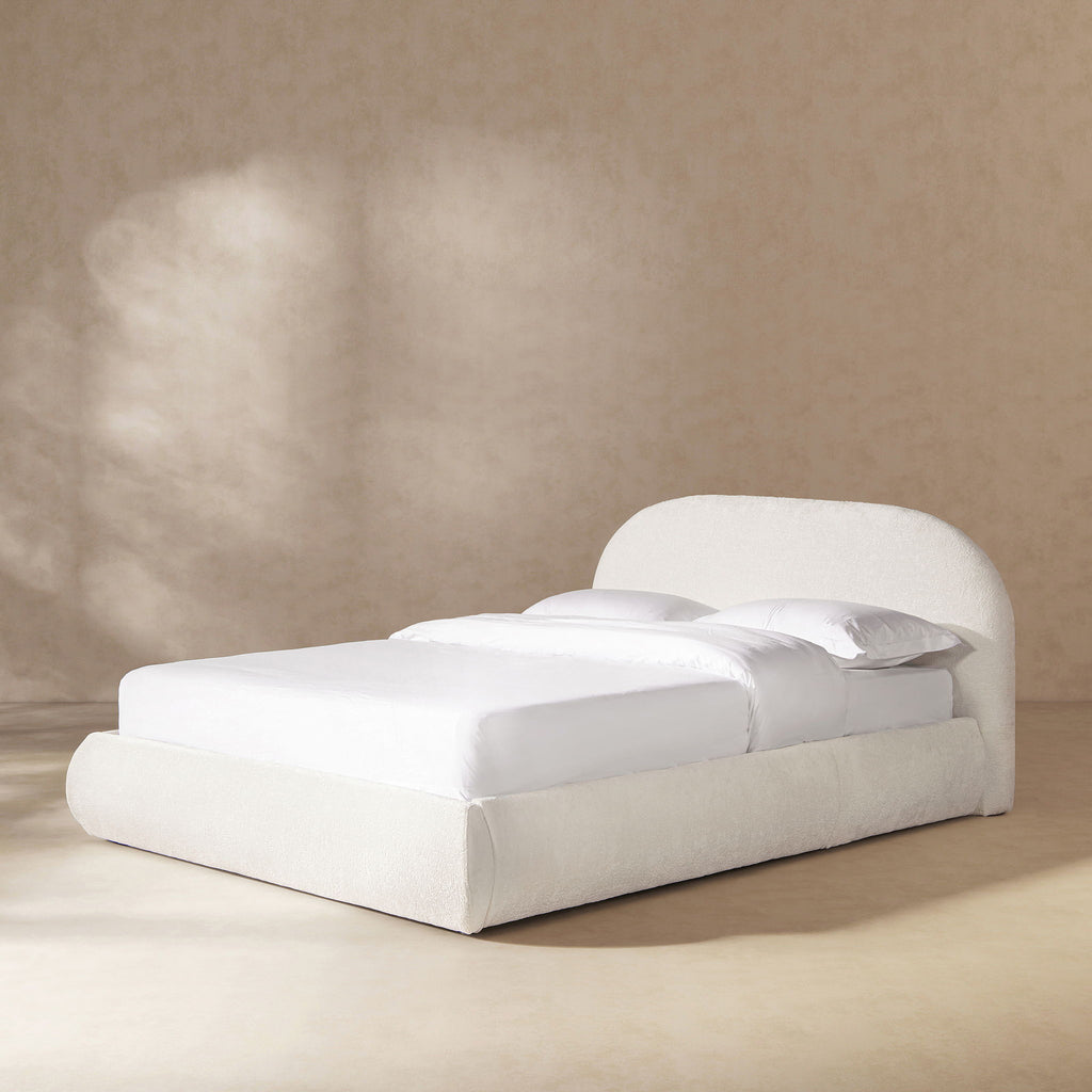 Archie Puffy Grounded Upholstered Platform Bed with Rounded Headboard - Green, White, Beige