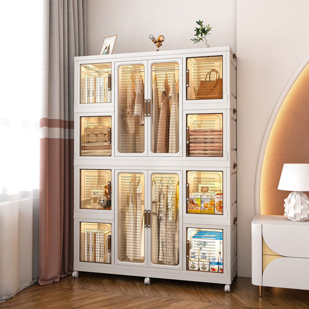 Portable Wardrobe Closet Storage Organizer with Magnetic Doors - White