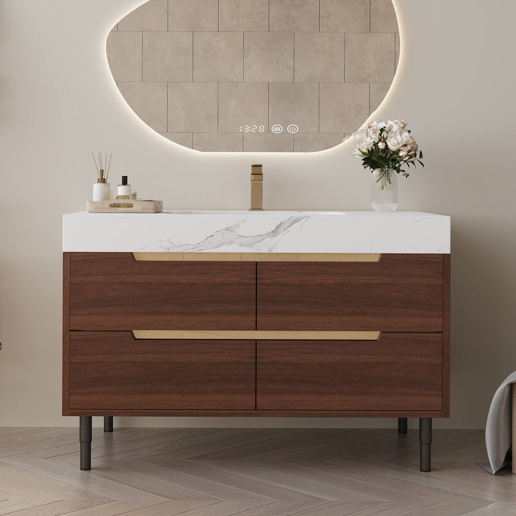 Farmhouse Sintered Stone Bathroom Vanity with Undermount Sink - Walnut, White