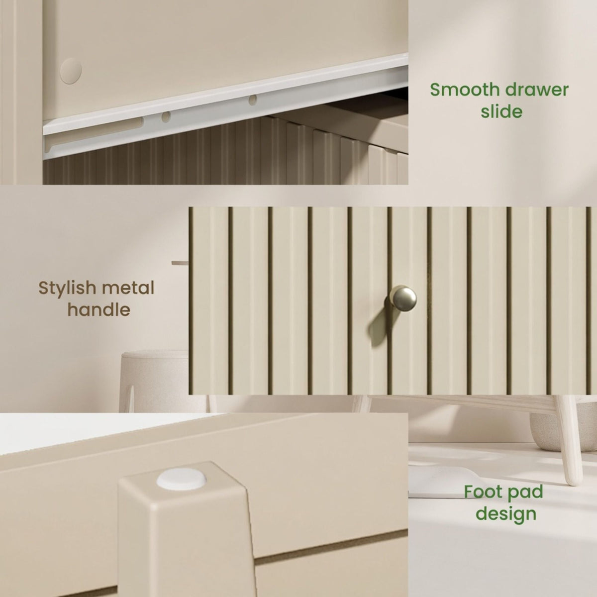 Fluted Nightstand with 2 Drawers and Soft-Close Slides - Multiple Colors