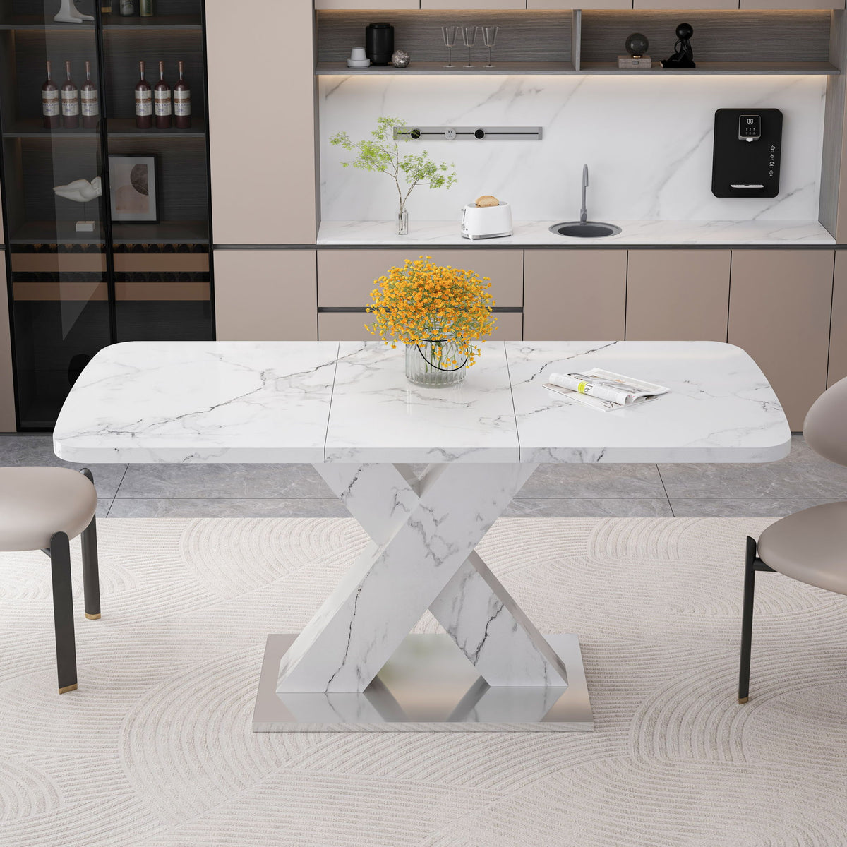Modern Rectangle Dining Table with Stretchable Top and X Shape Legs - White or Black