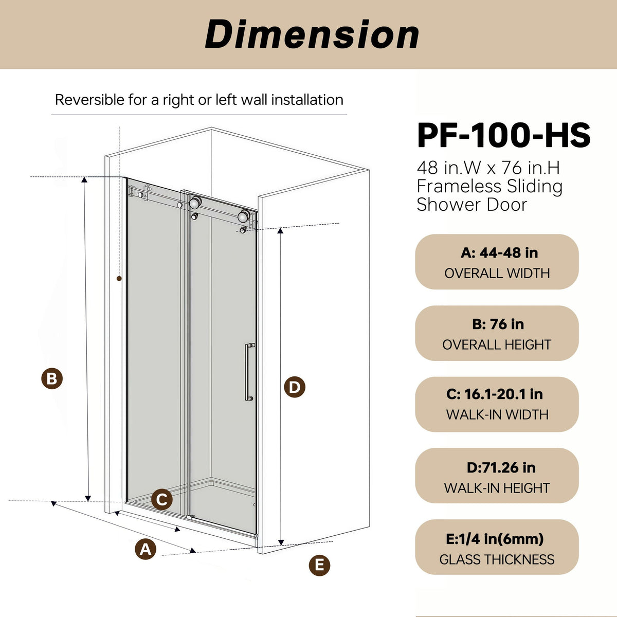 Frameless Single Sliding Shower Door with Square Tube Track - Black
