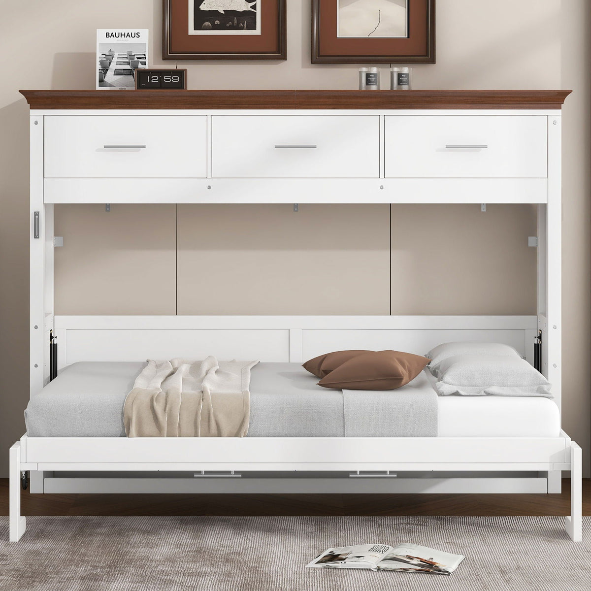 Twin Size Murphy Bed with 3 Drawers - White