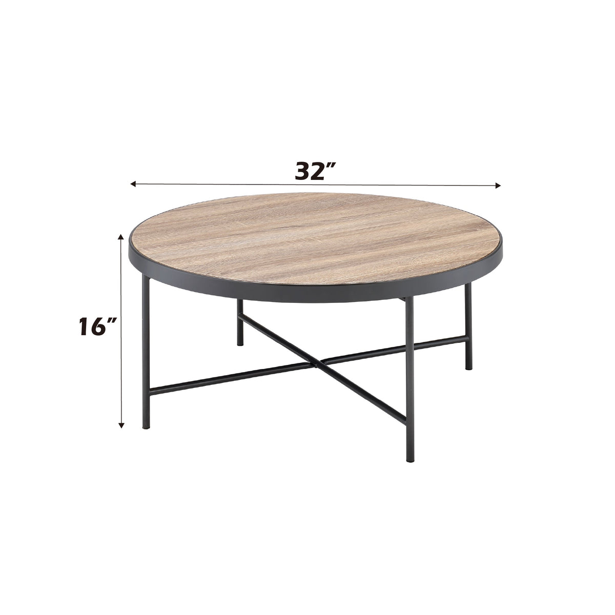 Weathered Round Coffee Table with Metal Trim - Oak