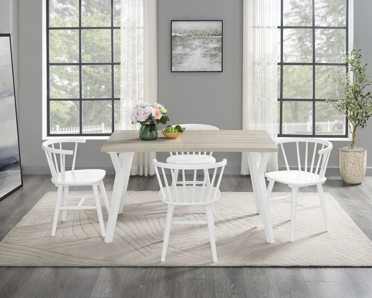 5 Piece Dining Room Set with Solid Wood Windsor Chairs - Antique White and Brown