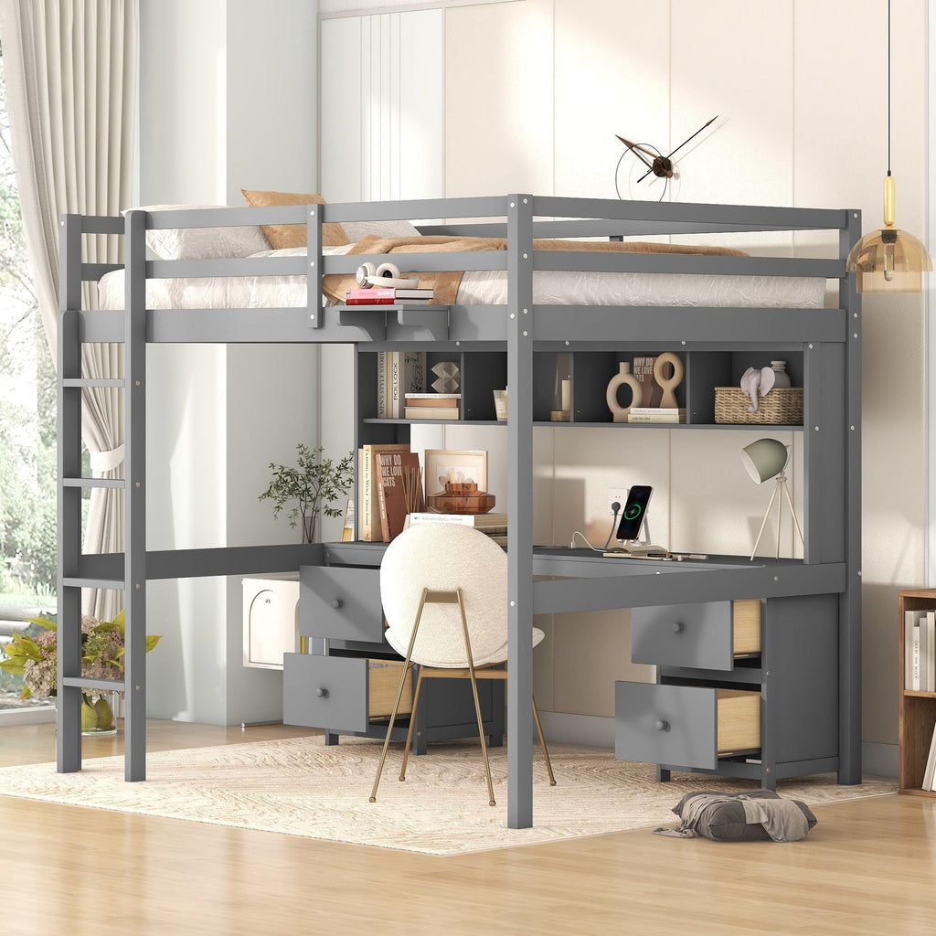 Loft Bed with Desk, Cabinets, Drawers and Charging Station - Full Size