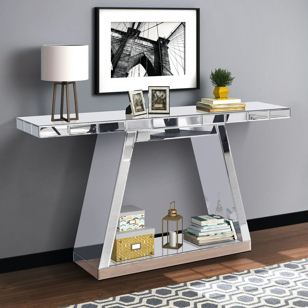 Full Body Mirror Console Table with 360° Reflective Surface and Trapezoid Base - Silver