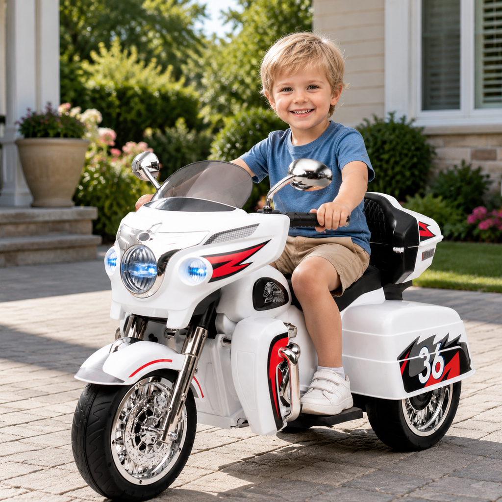 12V Kids Ride-On Motorcycle with LED Lights & Music - White or Black