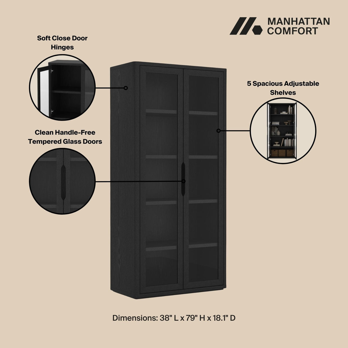 Bookcase Cabinet with Glass Doors and Adjustable Shelves - Light Brown, Dark Brown, Black
