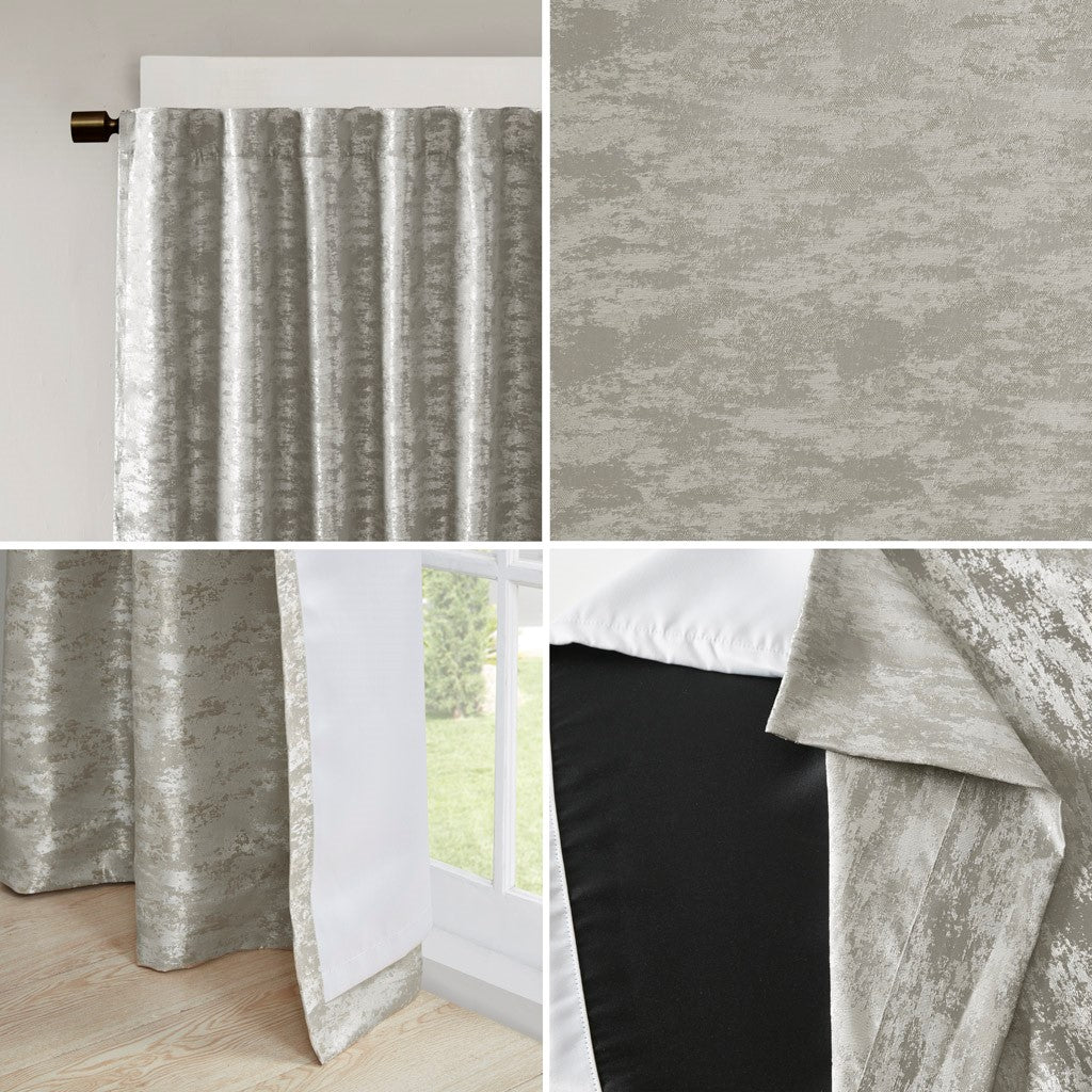 Jacquard Lined Total Blackout Curtain Panel with Rod Pocket – Grey/Silver