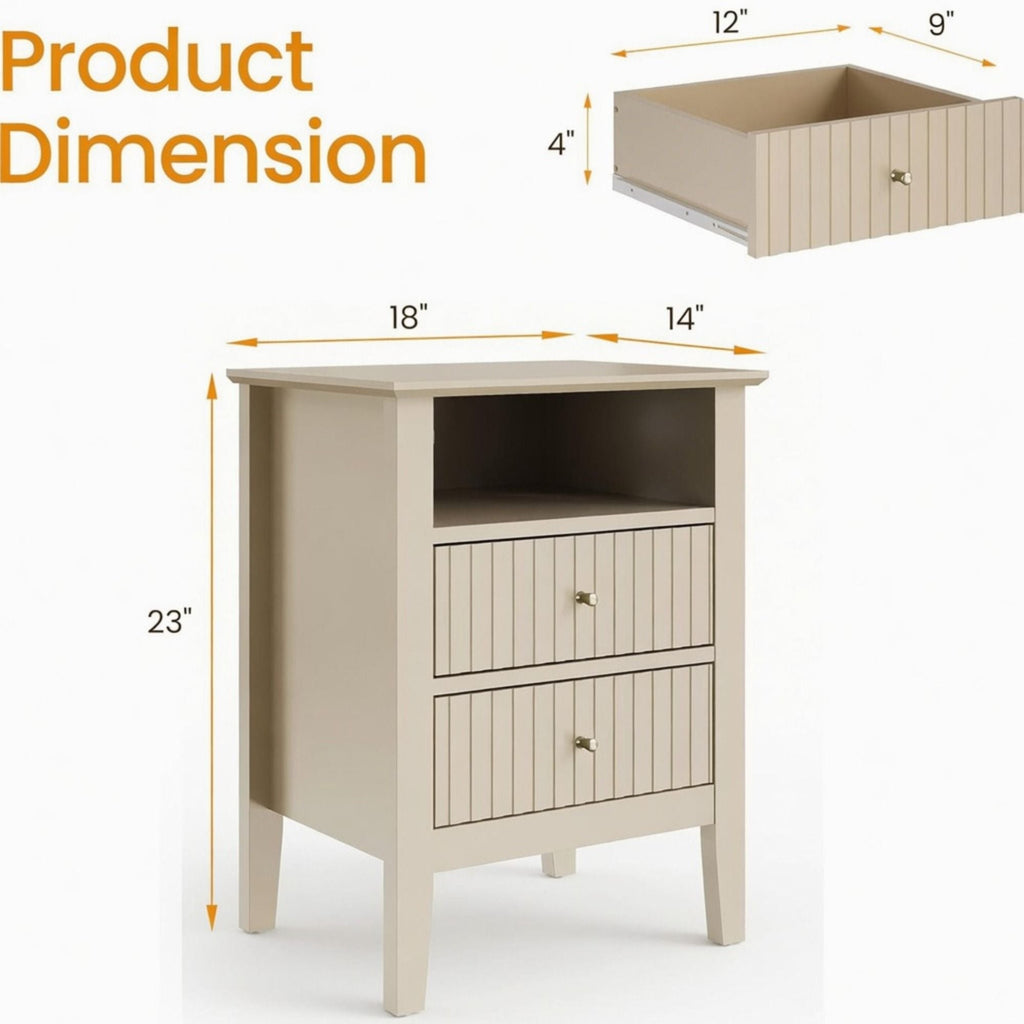Fluted Nightstand with 2 Drawers and Soft-Close Slides - Multiple Colors