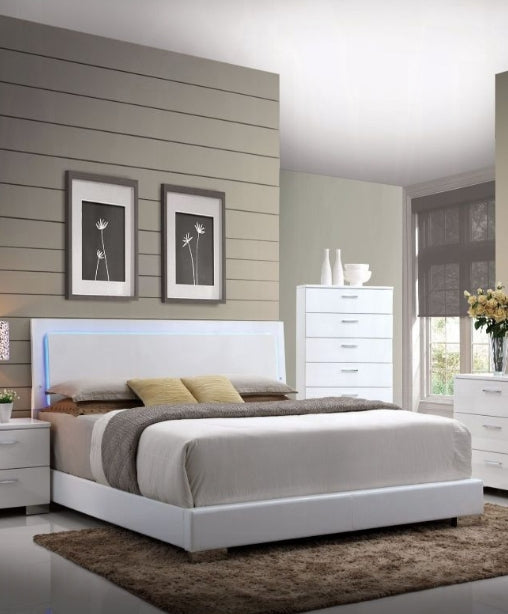White Faux Leather Panel Bed with LED Light - White