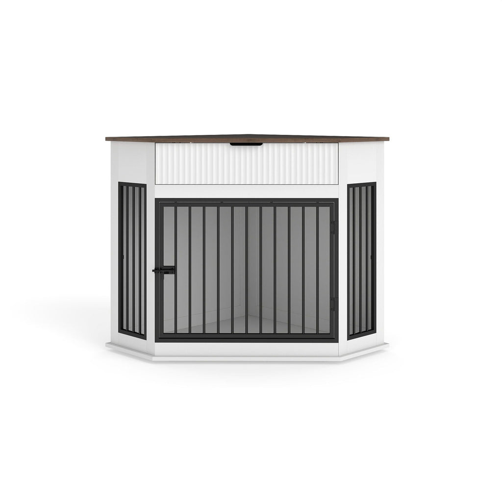 Corner Dog Crate with Fluted Drawer - White or Dark Brown