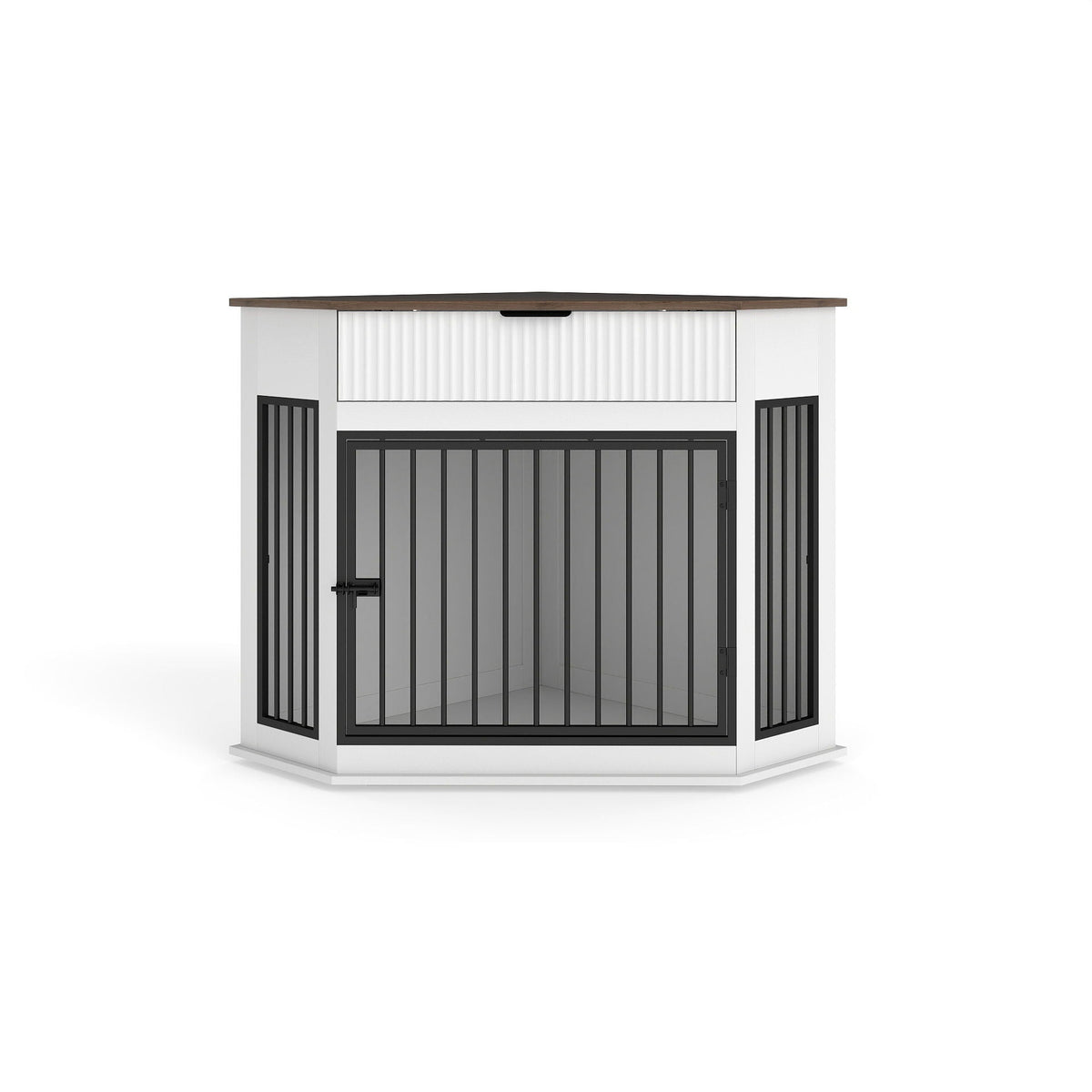 Corner Dog Crate with Fluted Drawer - White or Dark Brown