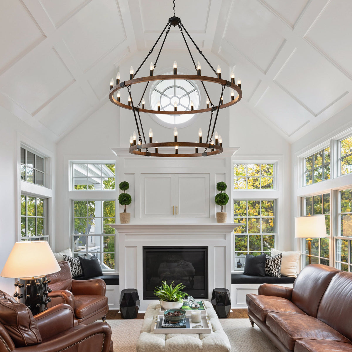 Large Solid Wood Wagon Wheel Chandelier with 2-Tier 32 Lights