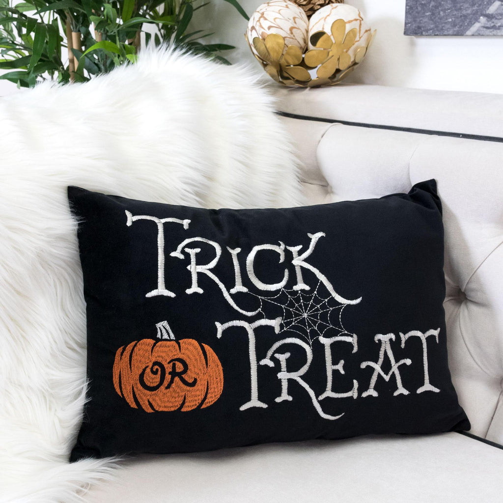 Embroidered Halloween Lumbar Pillow with Festive Designs - Black