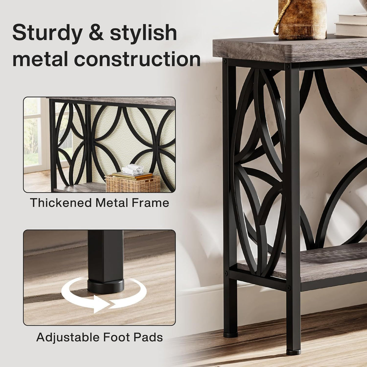 Extra Long Console Table with Open Storage Shelves - Dark Gray or Dark Brown