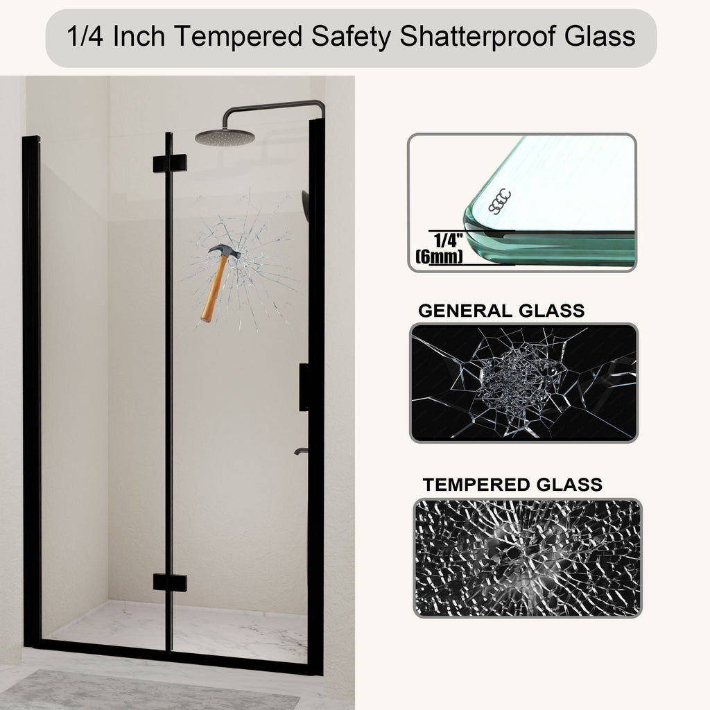 Semi Frameless Bifold Pivot Shower Door with Reversible Installation - Black