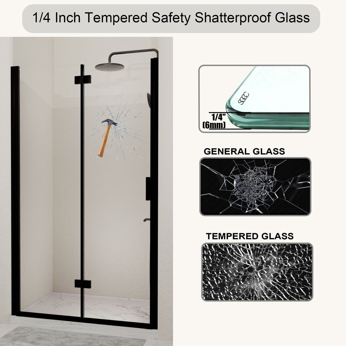 Semi Frameless Bifold Pivot Shower Door with Reversible Installation - Black