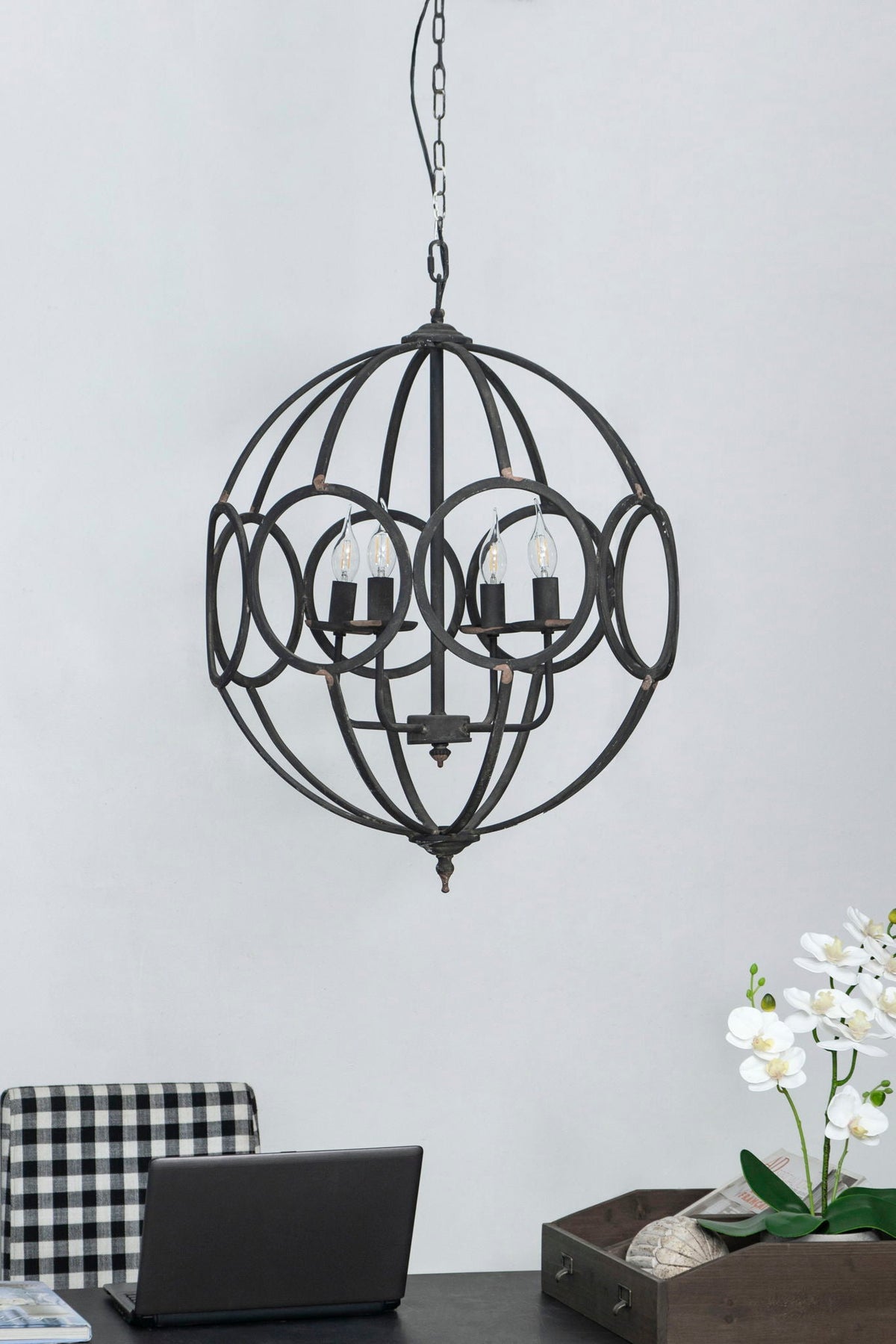 4 Light Metal Chandelier With Adjustable Chain - Black