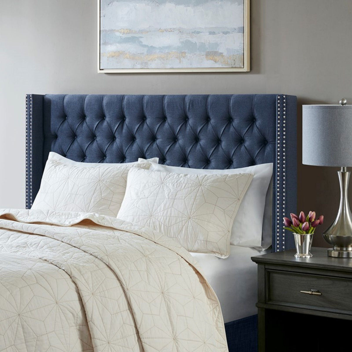 Transitional Upholstery Headboard with Tufted Buttons and Nailhead Trim - Queen, Gray or Blue