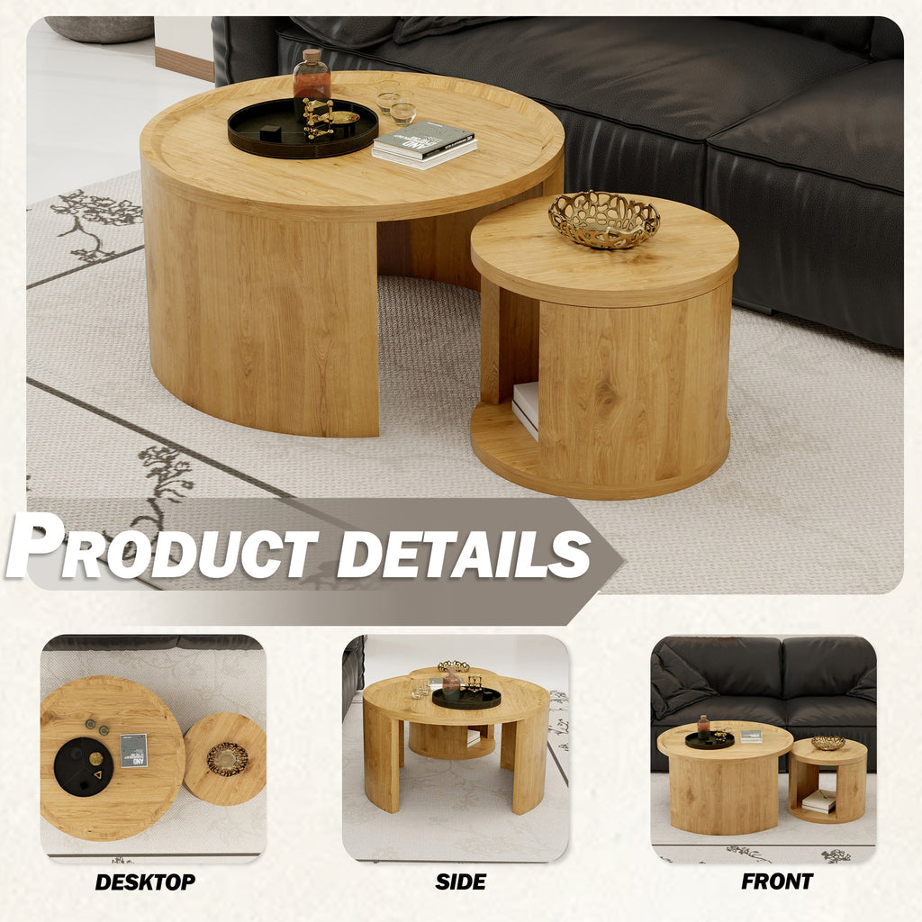 Modern Round Nesting Coffee Table Set of 2 with Wood Tops