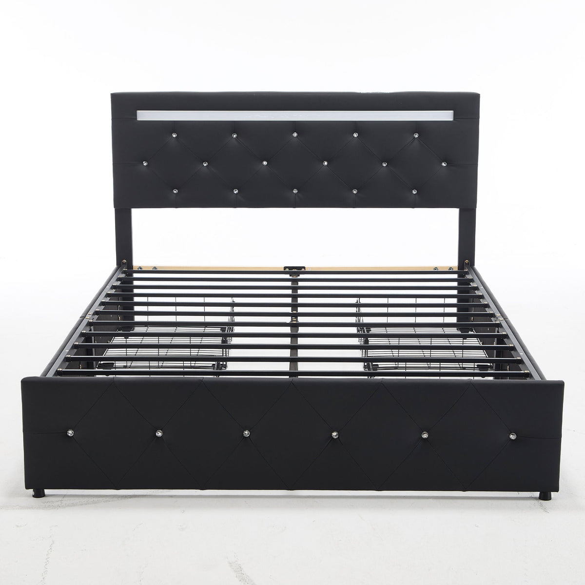 Upholstered Storage Bed Frame with LED Lights and Drawers – White or Black