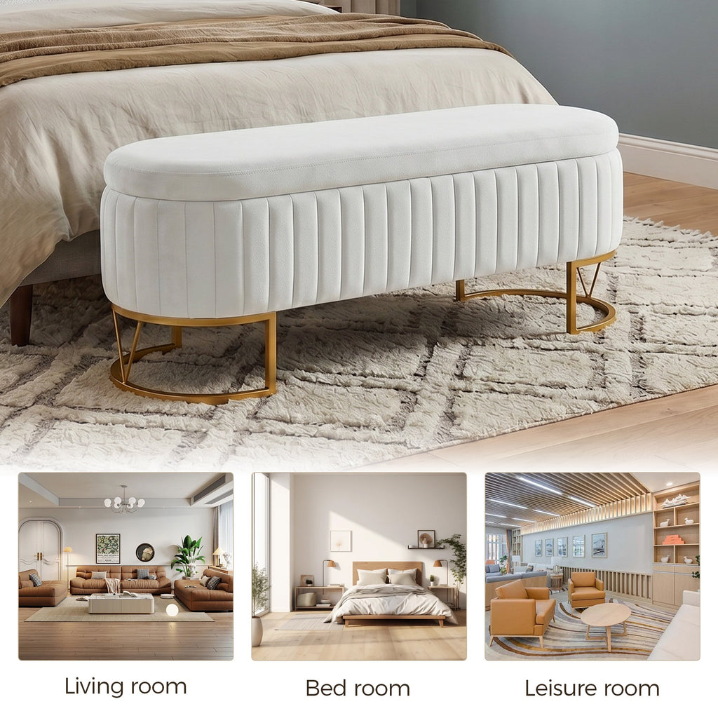 Velvet Storage Bench with Golden Metal Legs - Bedroom Bench