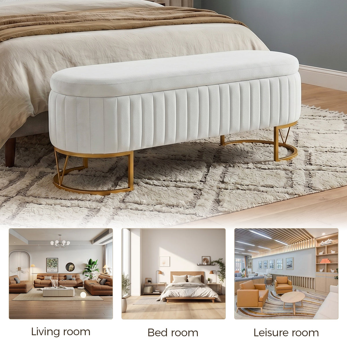 Velvet Storage Bench with Golden Metal Legs - Bedroom Bench