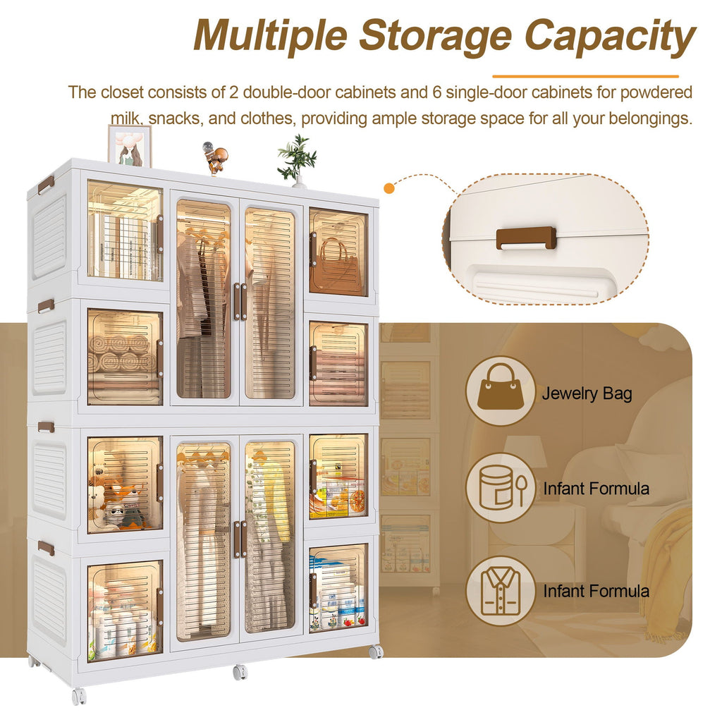 Portable Wardrobe Closet Storage Organizer with Magnetic Doors - White