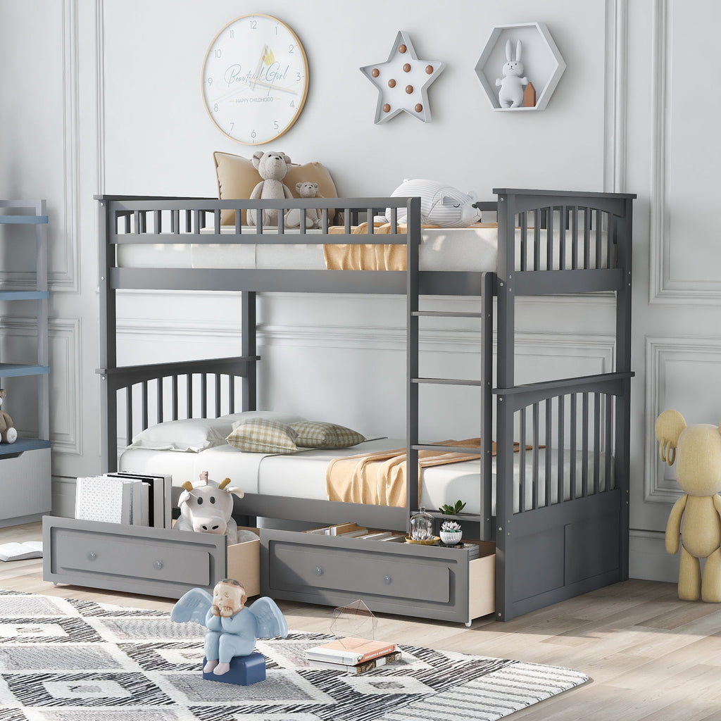 Twin Over Twin Bunk Bed with Drawers - Convertible, Solid Pine Wood - White or Dark Gray