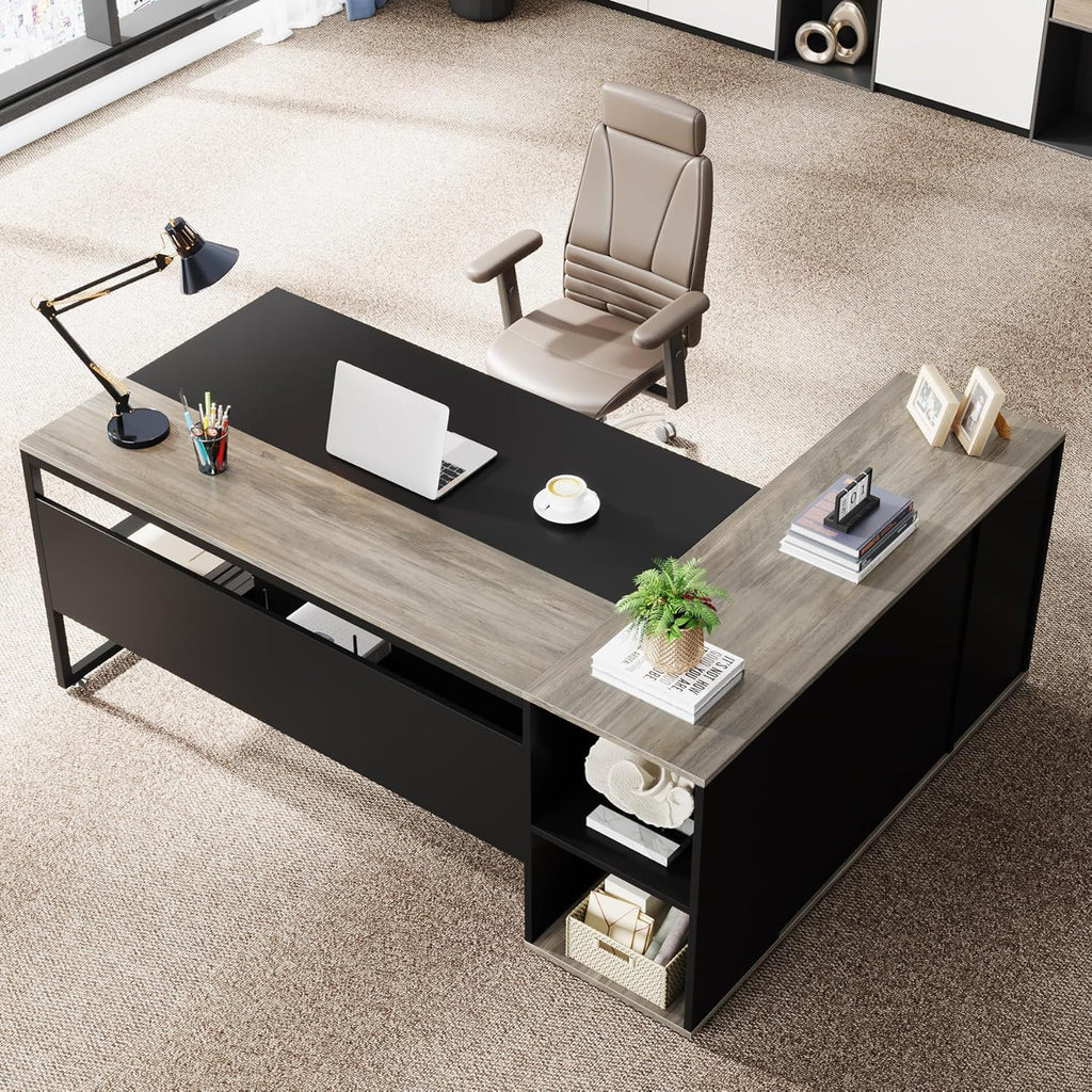 L-Shaped Executive Desk with Cabinet Storage - Dark Gray or Black