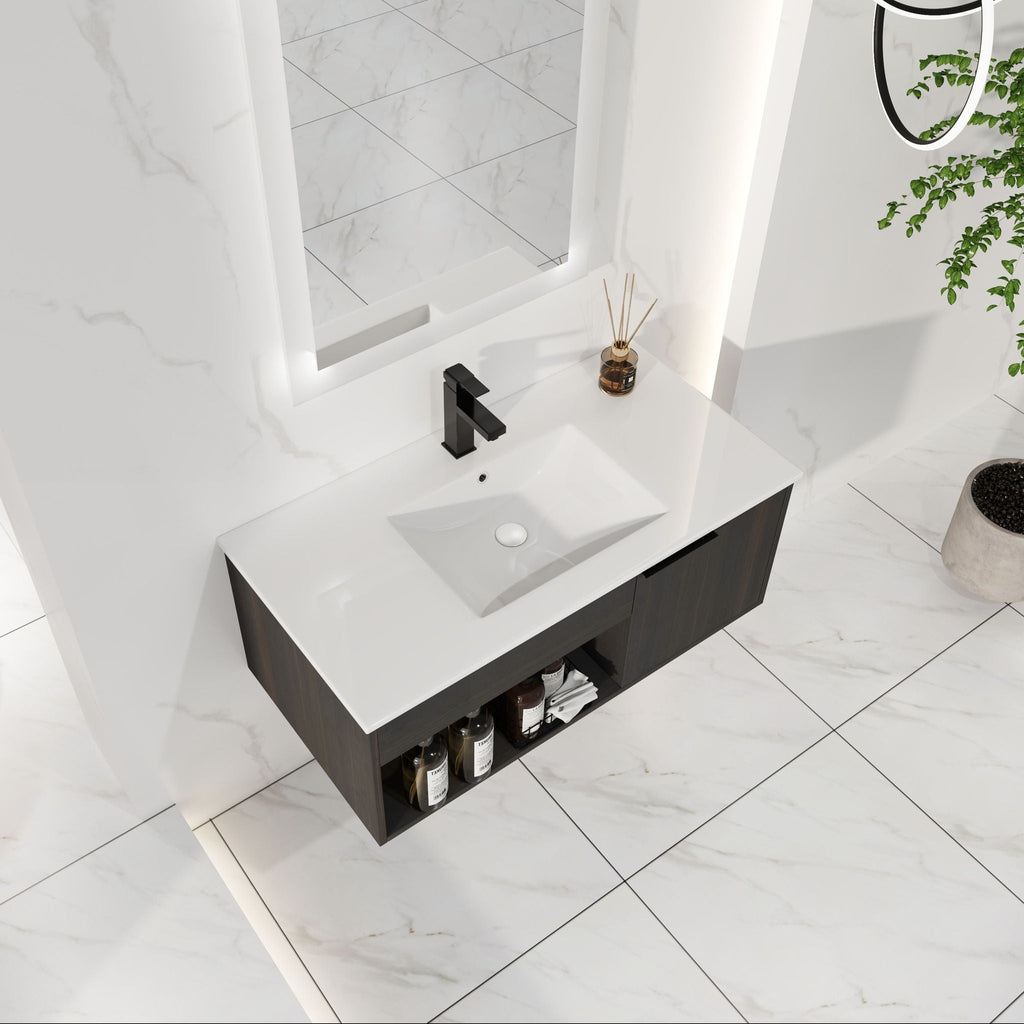 Wall Mounted Floating Bathroom Vanity with Open Shelf & Soft Close Door - Dark Brown