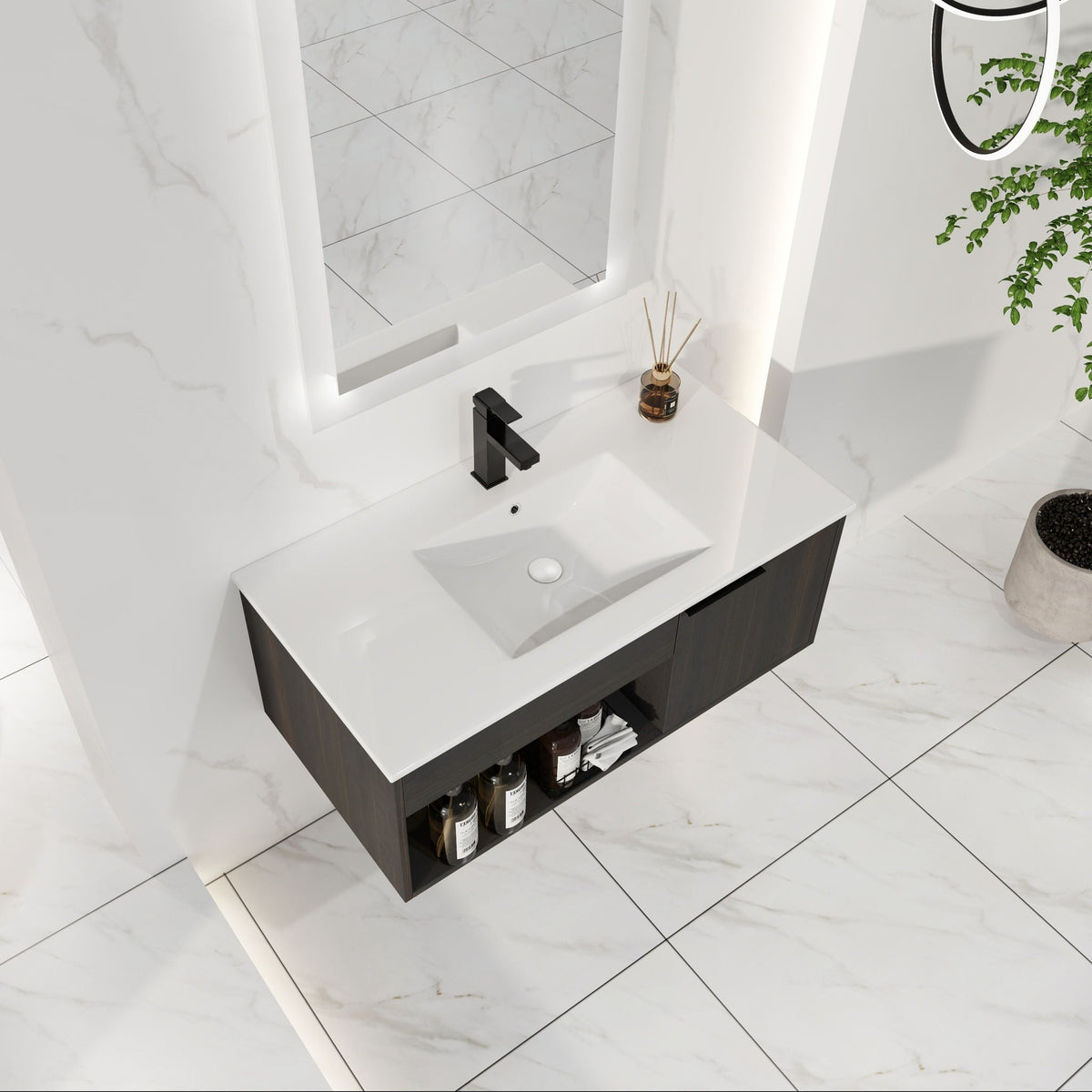 Wall Mounted Floating Bathroom Vanity with Open Shelf & Soft Close Door - Dark Brown