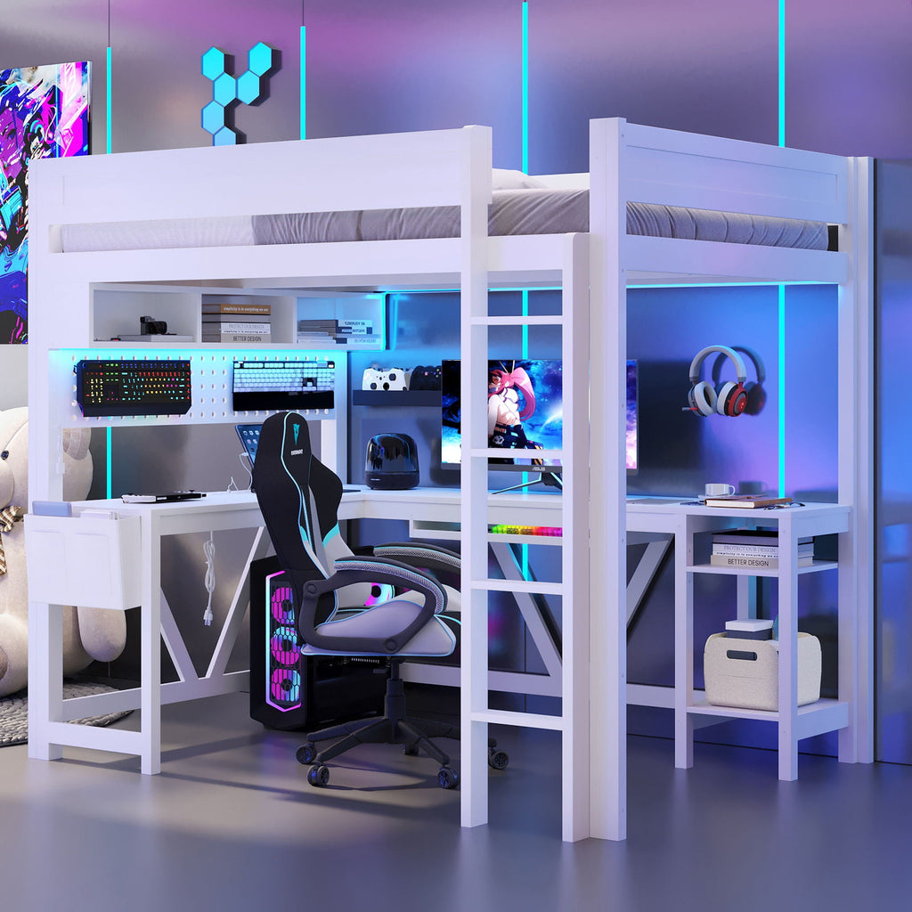 Gaming Loft Bed With Desk, Storage Shelves, LED and Charging Station - Full